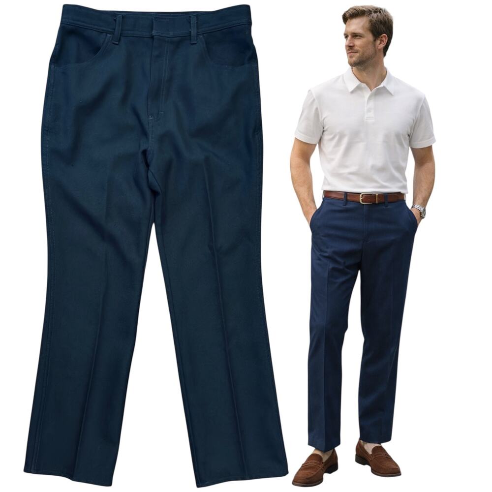 Vtg 70s Mens Levis Navy Blue Polyester Pants Size 34x30 Sta-Prest Disco Western